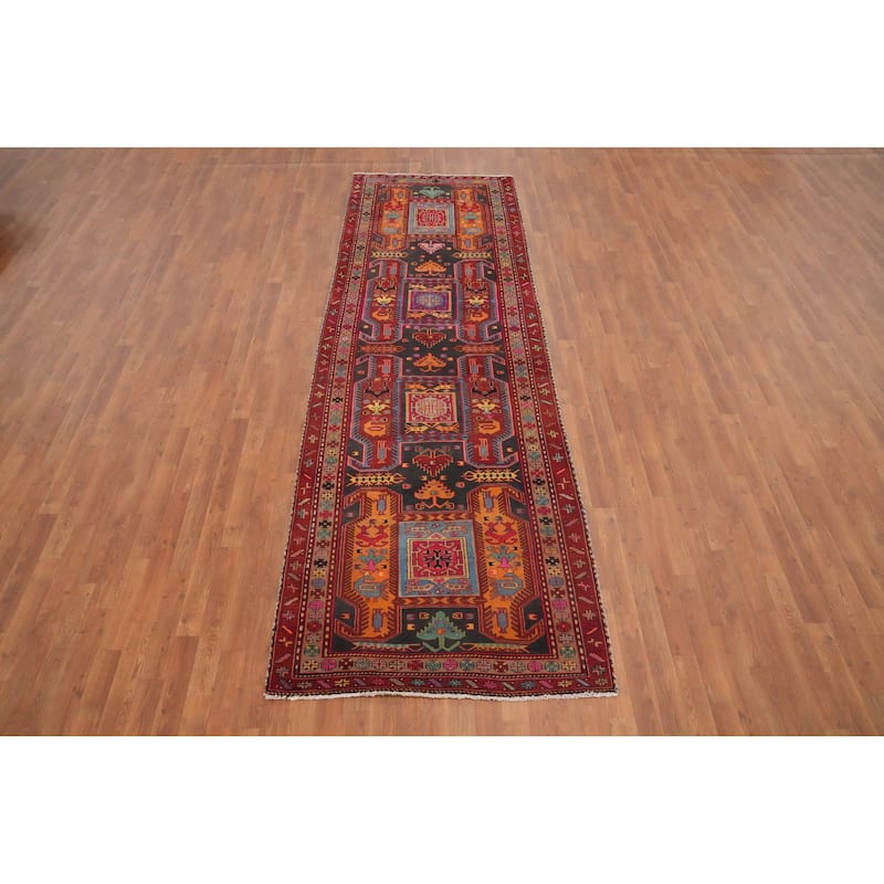 Hand Knotted Oriental 100% Wool Carpet Traditional Tribal Greys & Charcoal Ardebil Runner Rug - 11' 2'' X 3' 8''