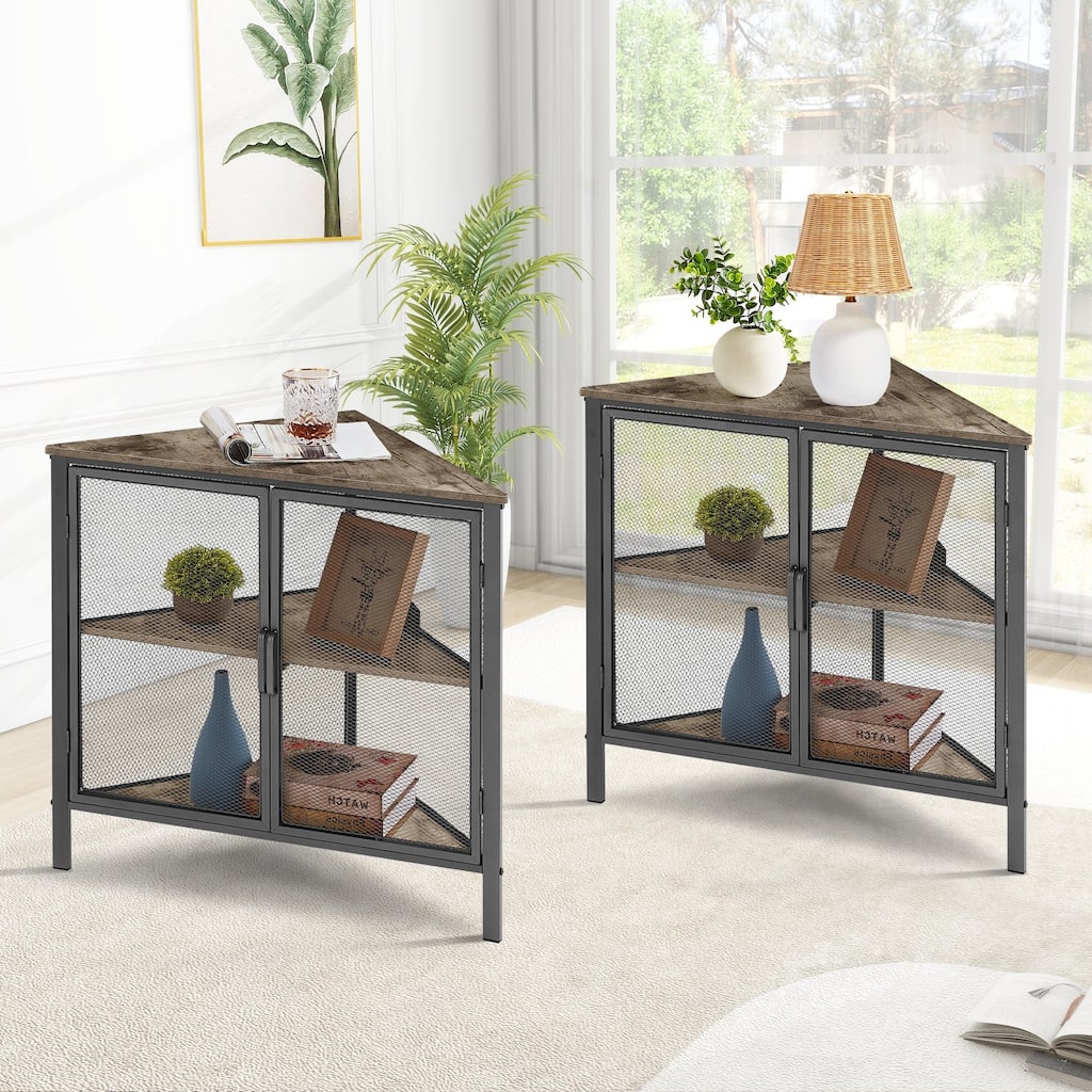 VECELO Modern Triangle Corner Nightstands,Corner Bookshelf with Storage Cabinets, Corner Cabinet Set of 2