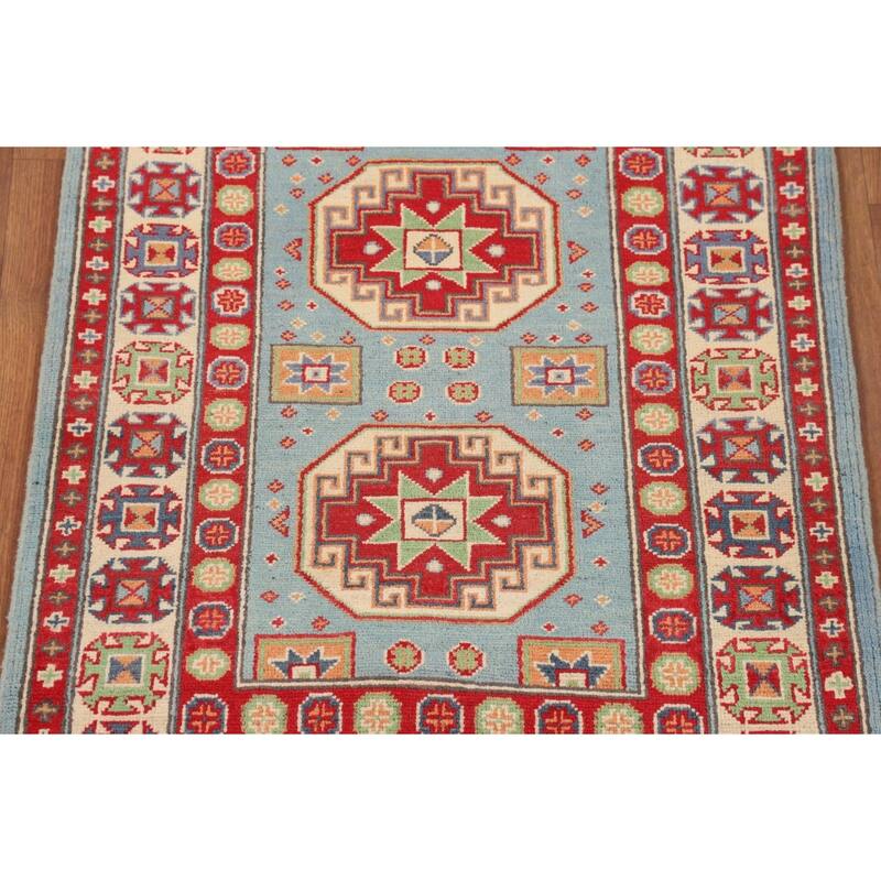 Light Blue Geometric Kazak Accent Rug Handmade Wool Carpet - 2'8" x 3'10"