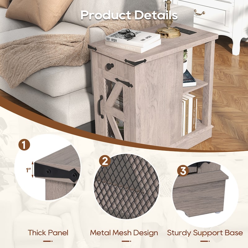 2 Pcs Side Table with Charging Station with Storage Shelf and Drawers