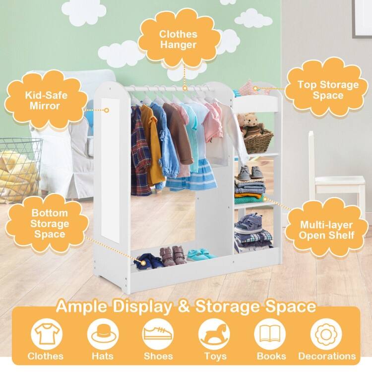 Kids Dress-Up Armoire with Mirror & Storage Wooden Costume Closet Organizer for Toddlers