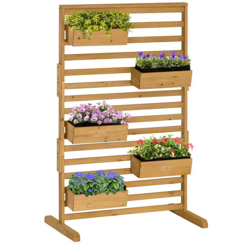 Outsunny Outdoor Plant Stand with 5 Hanging Flower Boxes and Slatted Trellis for Climbing Plants, Freestanding Wooden Lattice