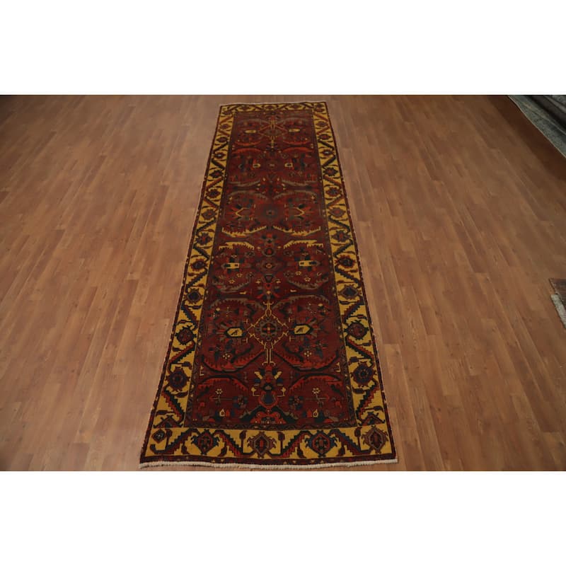 Hand Knotted Oriental 100% Wool Carpet Traditional Floral Red Heriz Runner Rug - 11' 6'' X 3' 8''