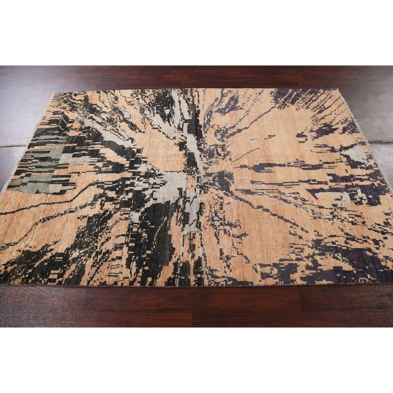 Abstract Contemporary Oriental Wool Area Rug Hand-knotted Foyer Carpet - 5'3" x 7'8"