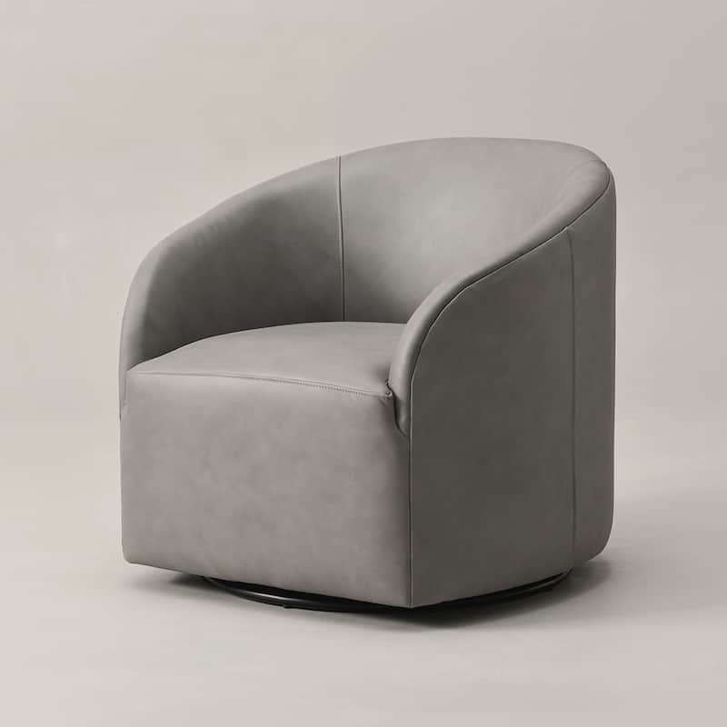 KINWELL 32"W Top Grain Genuine Leather Swivel Barrel Armchair