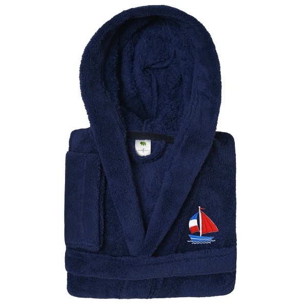 slide 2 of 5, Sweet Kids 100% Polyester SUPER PLUSH Double Brushed Hooded Bathrobe - BOAT L - Navy