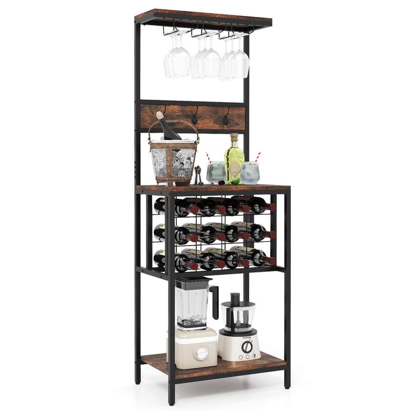 Costway Wine Rack Freestanding Floor with Countertop Wine and Glass - See Details - Rustic Brown & Black - See Details