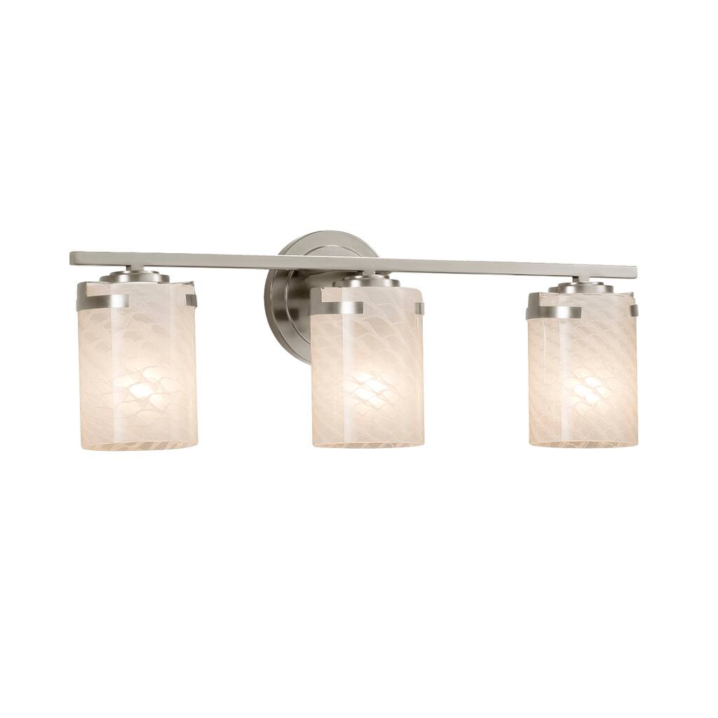 Justice Design Fusion Atlas 3-light Brushed Nickel Bath Bar, Weave Cylinder - Flat Rim Shade