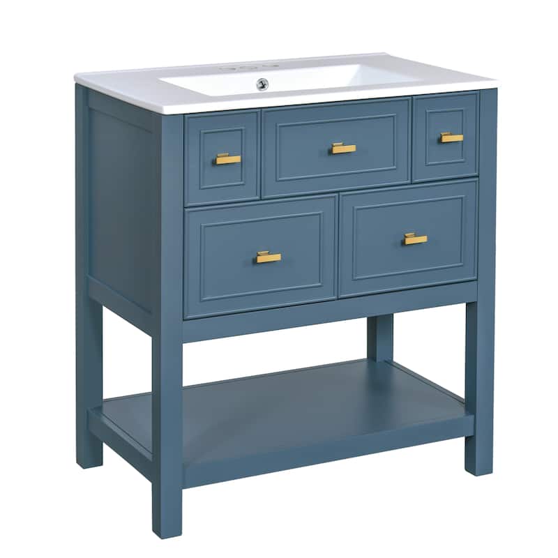 60'' Bathroom Vanity With Ceramic Sink Combo, Free Standing Single Vanity Set With 5 Drawers,Solid Wood FrameStorage Cabinet