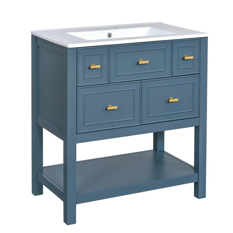 Bathroom Vanity with Ceramic Sink, Bathroom Storage Cabinet with 5 Drawers, Bathroom Vanity Set with Open Shelf