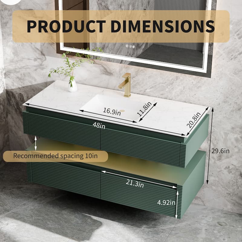 Modland 48" Modern Wall-Mounted Single Sink Bathroom Vanity with Engineered Stone Countertop,Soft-Close Drawers