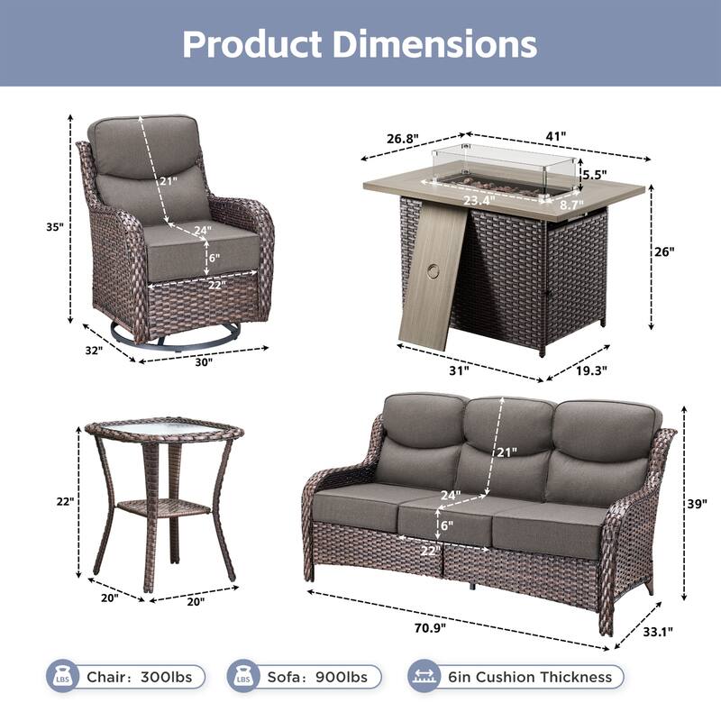 Meyreso 7-Piece Wicker Outdoor Patio Fire Pit Conversation Set with 6-Inch Thick Cushions
