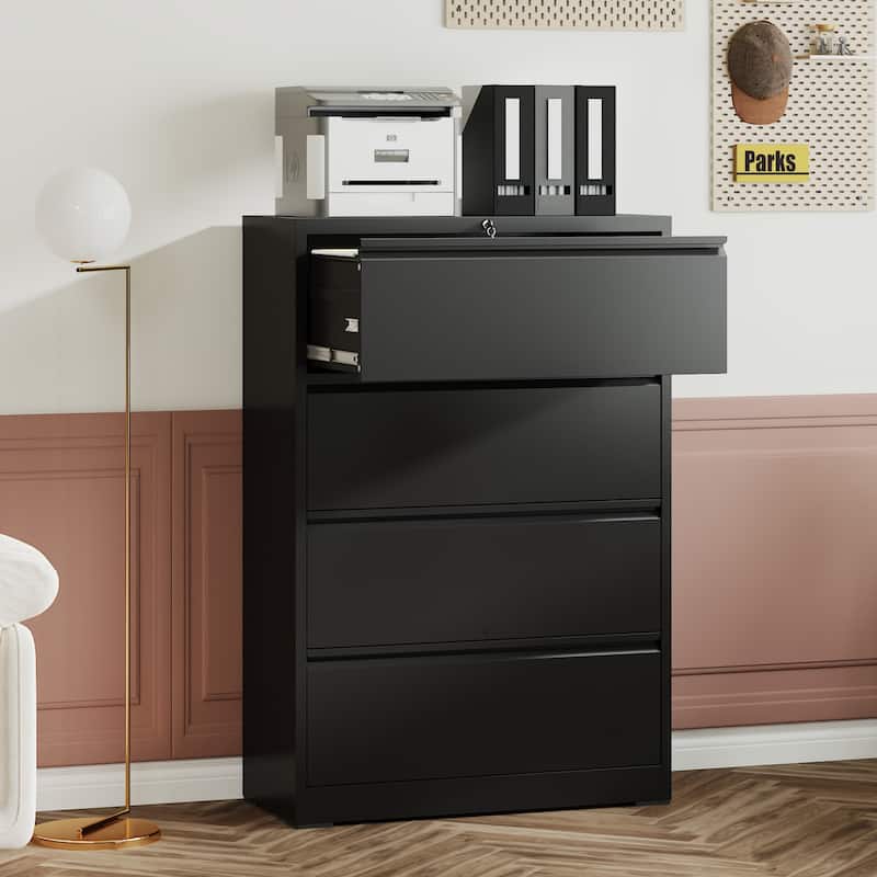 Modern Filing Cabinet Lateral Filing Cabinet with 4 Drawers, Quiet Slides and Locks, for Home Office, Black