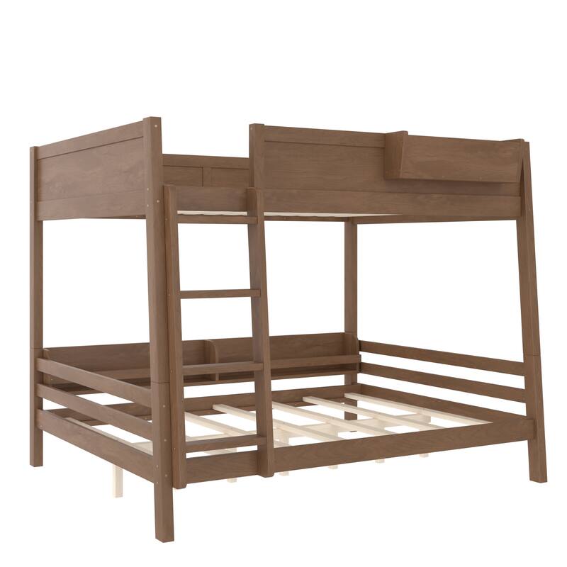 Wood Bunk Bed with Storage Shelves and Bookshelf, Ladder & Guardrails, Detachable Design