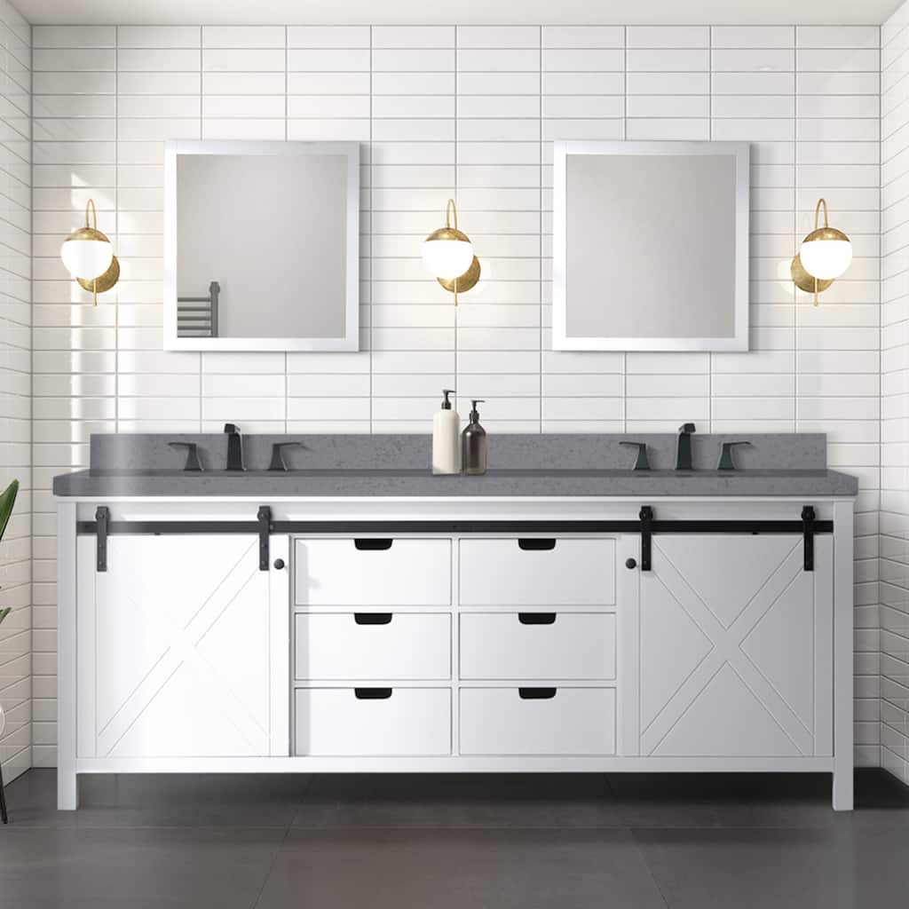 Marsyas 84 in W x 22 in D White Double Bath Vanity, Grey Quartz Countertop and 34 in Mirrors