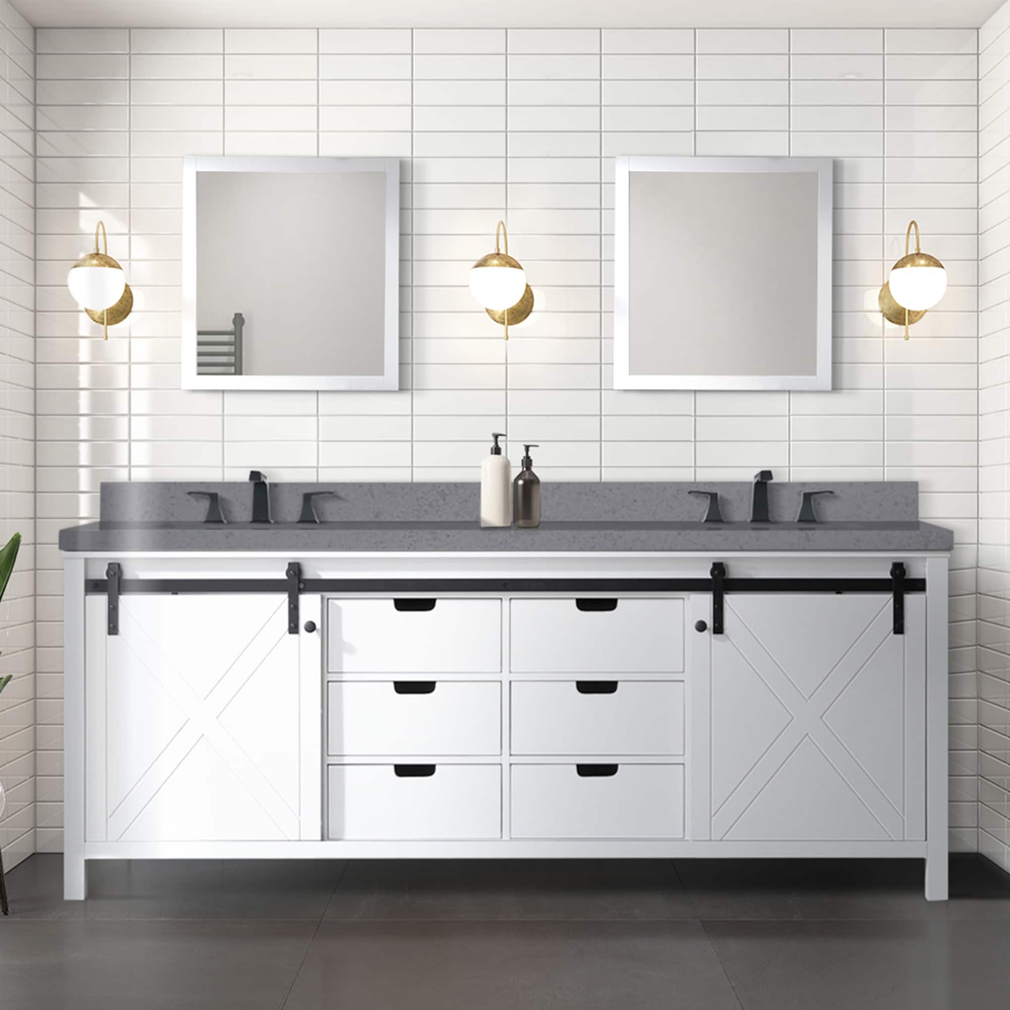 Marsyas 84 in W x 22 in D White Double Bath Vanity, Grey Quartz Countertop and 34 in Mirrors