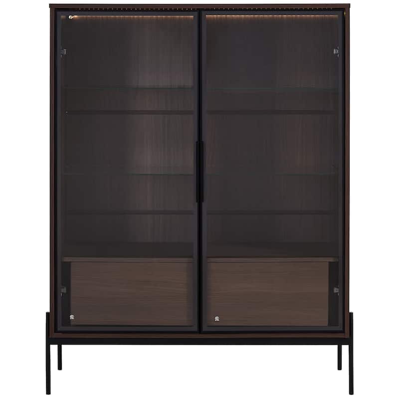 51.2'' Tall Lighted Display Cabinet with Tempered Glass Door - Black + Dark Walnut