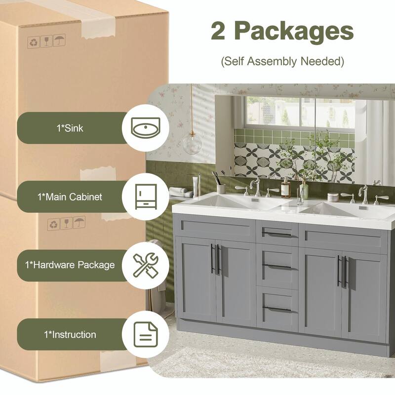 59.3" Double Sink Bathroom Vanity with SMC Top, MDF Cabinet with Solid Wood Frame & Soft-Close Doors