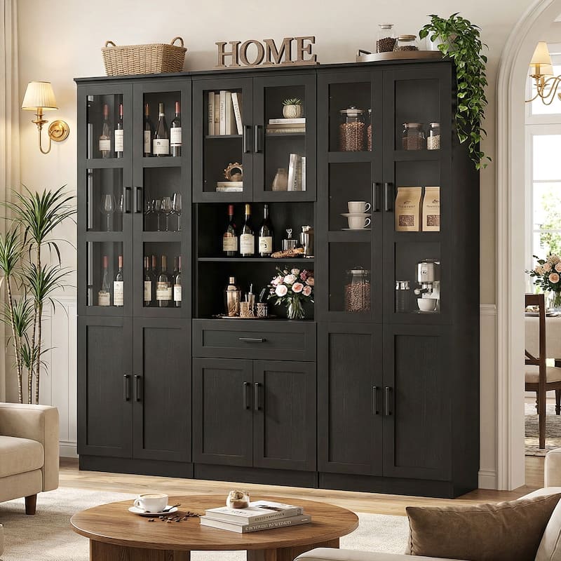 Set of 3 Freestanding Display Bookcase with Glass Doors & Adjustable Shelves & Drawer, for Living Room, Dining Room,Home Office.