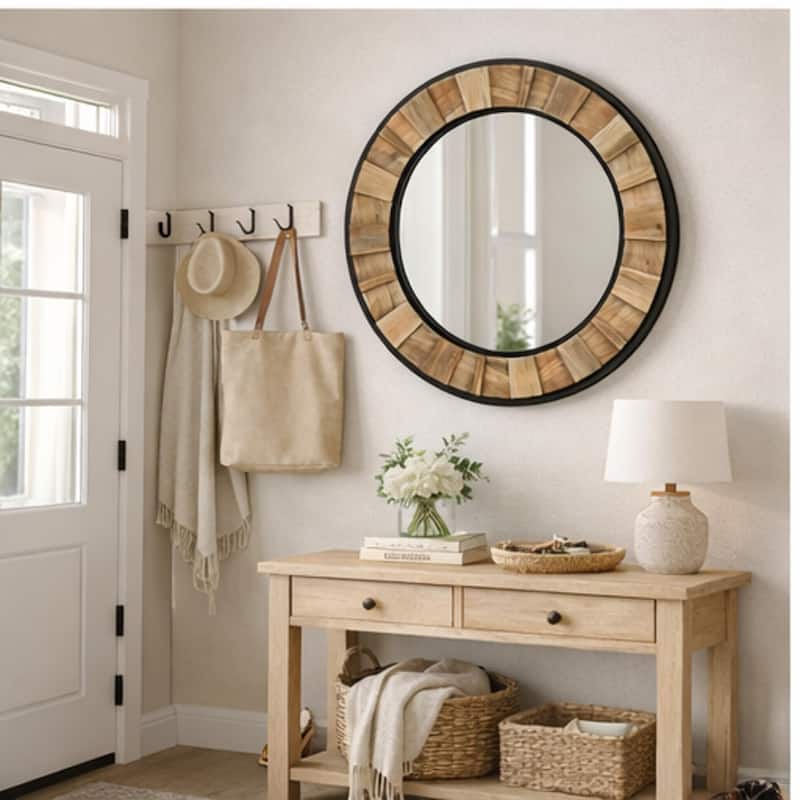 Round wooden and metal framed decorative mirror, in a modern art style, suitable for living rooms and entryways