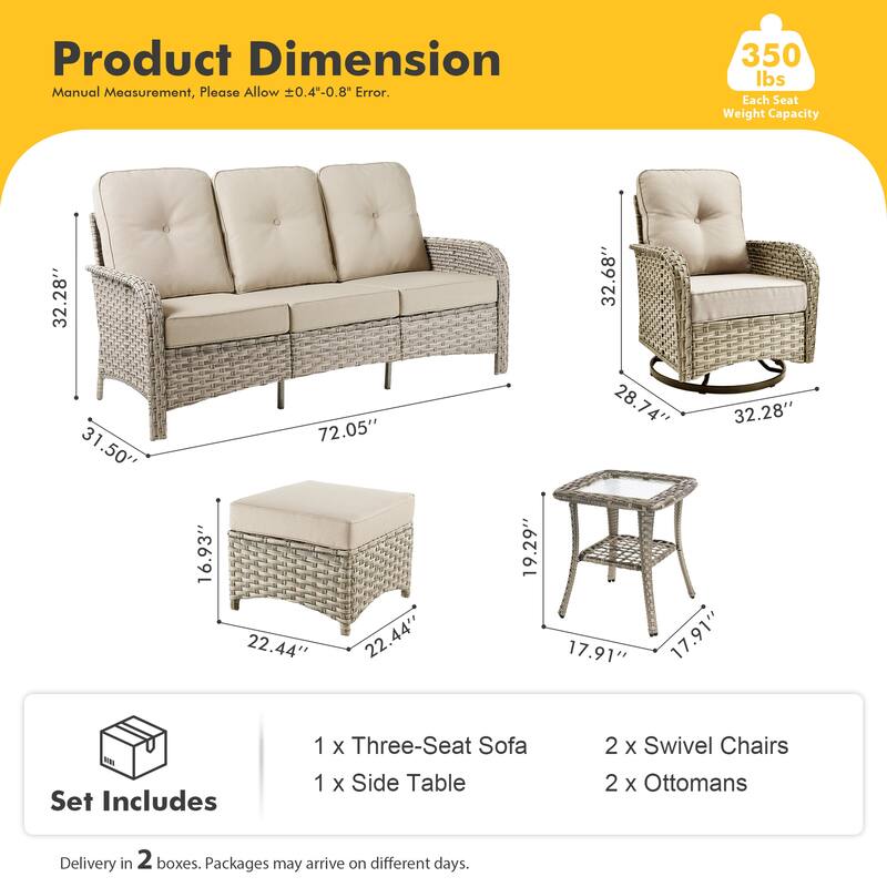 HOOOWOOO 6-piece Outdoor Furniture Wicker Rattan Swivel Chair Set with Ottoman