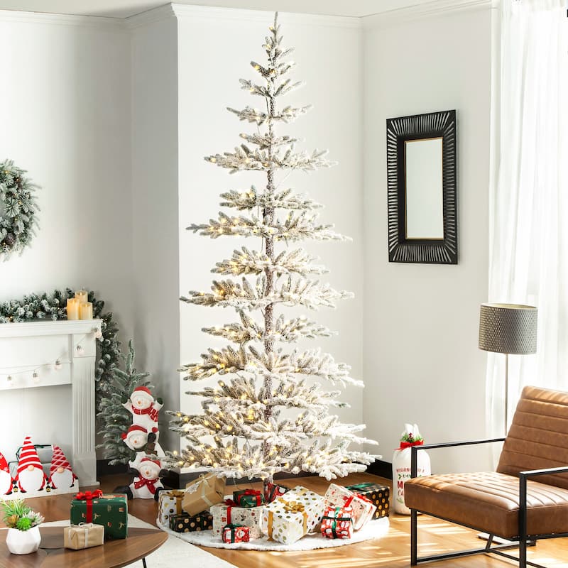 Glitzhome 6ft/7ft/9ft Deluxe Pre-Lit Flocked Slim Fir Artificial Christmas Tree with Warm White Lights - 9 Foot