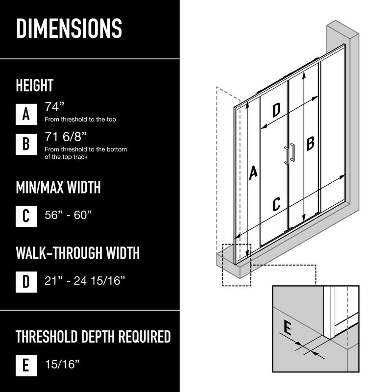 VIGO Paloma 56 to 60 in. W x 74 in. H Semi-Frameless Double-Sliding Shower Door with Clear Tempered Glass