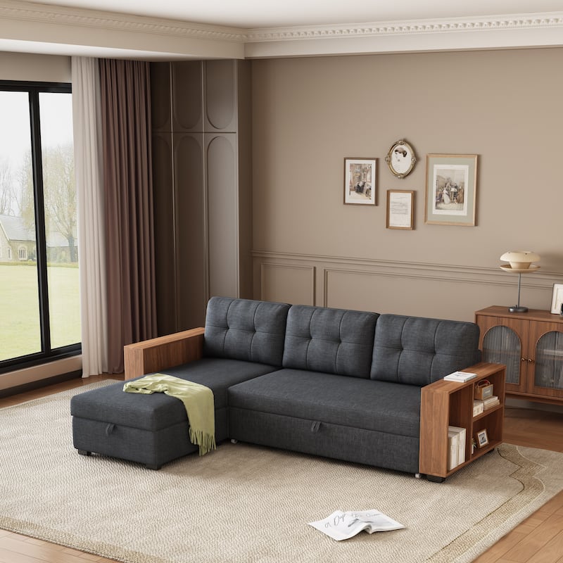 84'' Convertible Corner 3 Seater Sectional Sofa with Storage Chaise, Pull-Out Sleeper Couch and Wooden Armrests