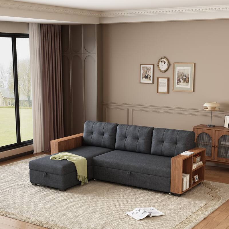 Upholstered Pull Out Convertible Sectional Sofa with Storage Chaise