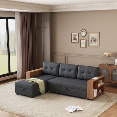 Upholstered Pull Out Convertible Sectional Sofa with Storage Chaise