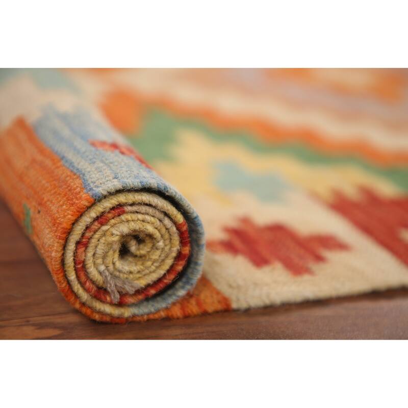 Colorful Geometric Kilim Runner Rug Hand-woven Wool Carpet - 2'5"x 16'5"