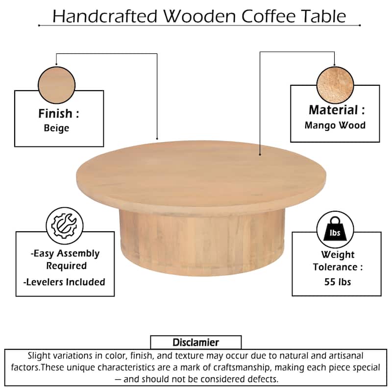 Bela Coffee Table 47 Inch Round Top Handcrafted Beige Mango Wood Pedestal Base