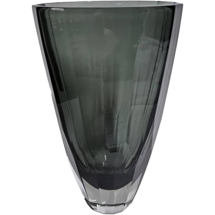 Large Fancy Cut Smoky Gray Glass Vase Modern Decorative Accent - Grey