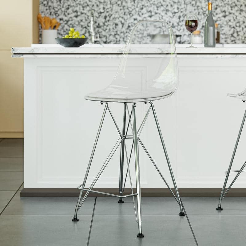 Cresco Sleek Modern Acrylic in Steel Frame Barstool with Built-In Footrest for Kitchen Island Home Bar or Dining Room Seating