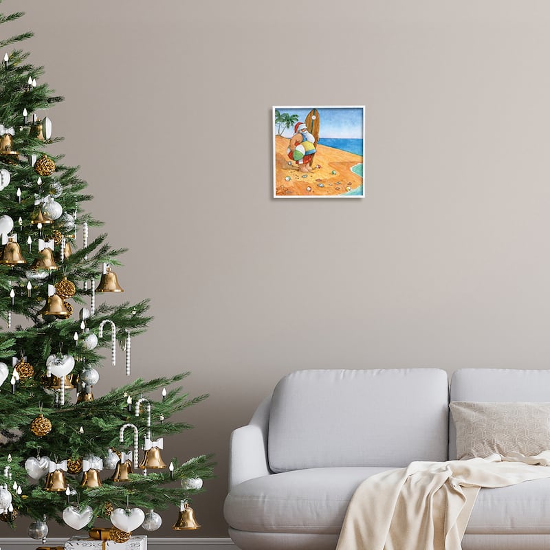 Stupell Santa Claus On Beach Surf Board Tropical Christmas Framed Wall Art - Blue