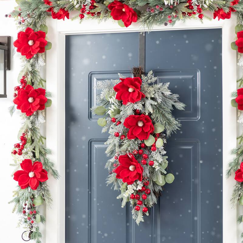 Glitzhome Christmas Berry Bow Pinecone Bell Holy Leaf Teardrop Swag Xmas Wreath