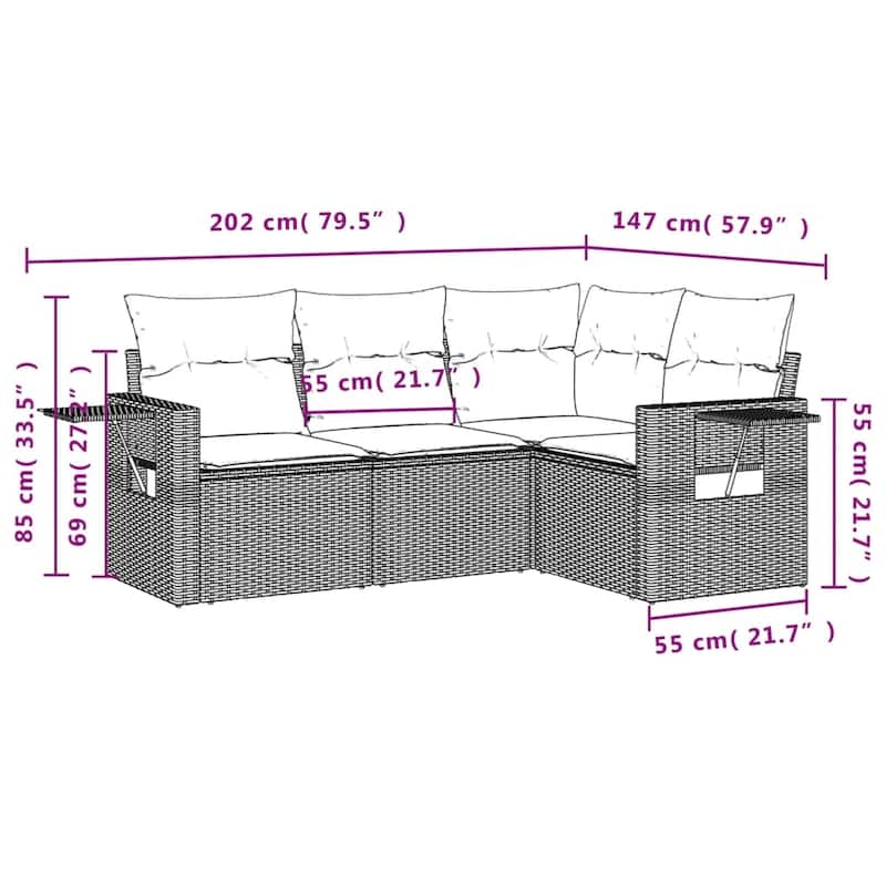vidaXL Patio Sofa Set with Cushions Outdoor Conversation Furniture Poly Rattan - 24.4 x 24.4 x 27.2