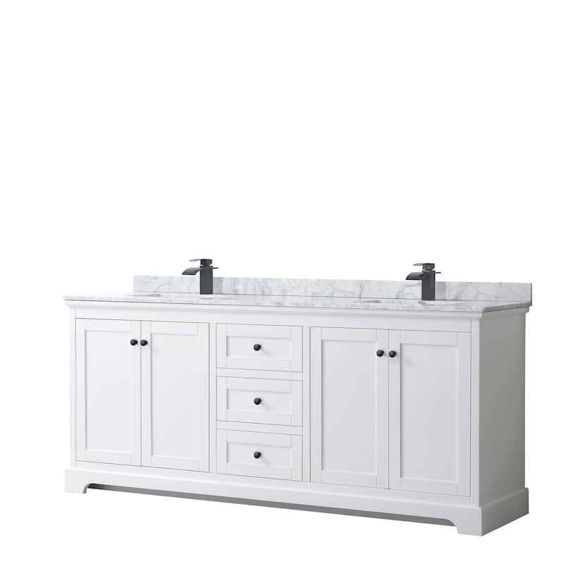Avery 80-inch Double Vanity, Marble Top, Square Sinks, No Mirror - White, Black Trim, White Carrara Marble Top