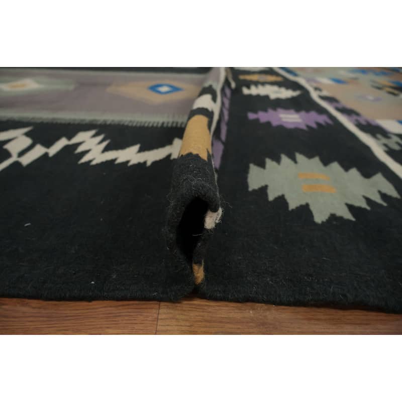Hand Woven Oriental 100% Wool Carpet Southwestern Tribal Black Kilim Area Rug - 10' 2'' X 9' 10''
