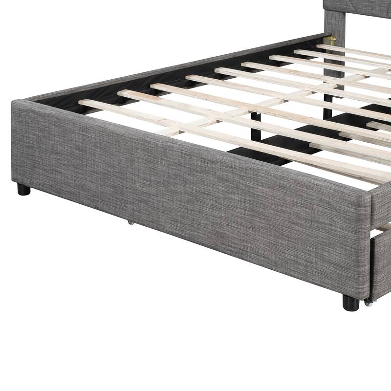 Roomfitters Queen Size Upholstered Platform Bed Frame with Twin XL Trundle and Geometric Patterned Headboard