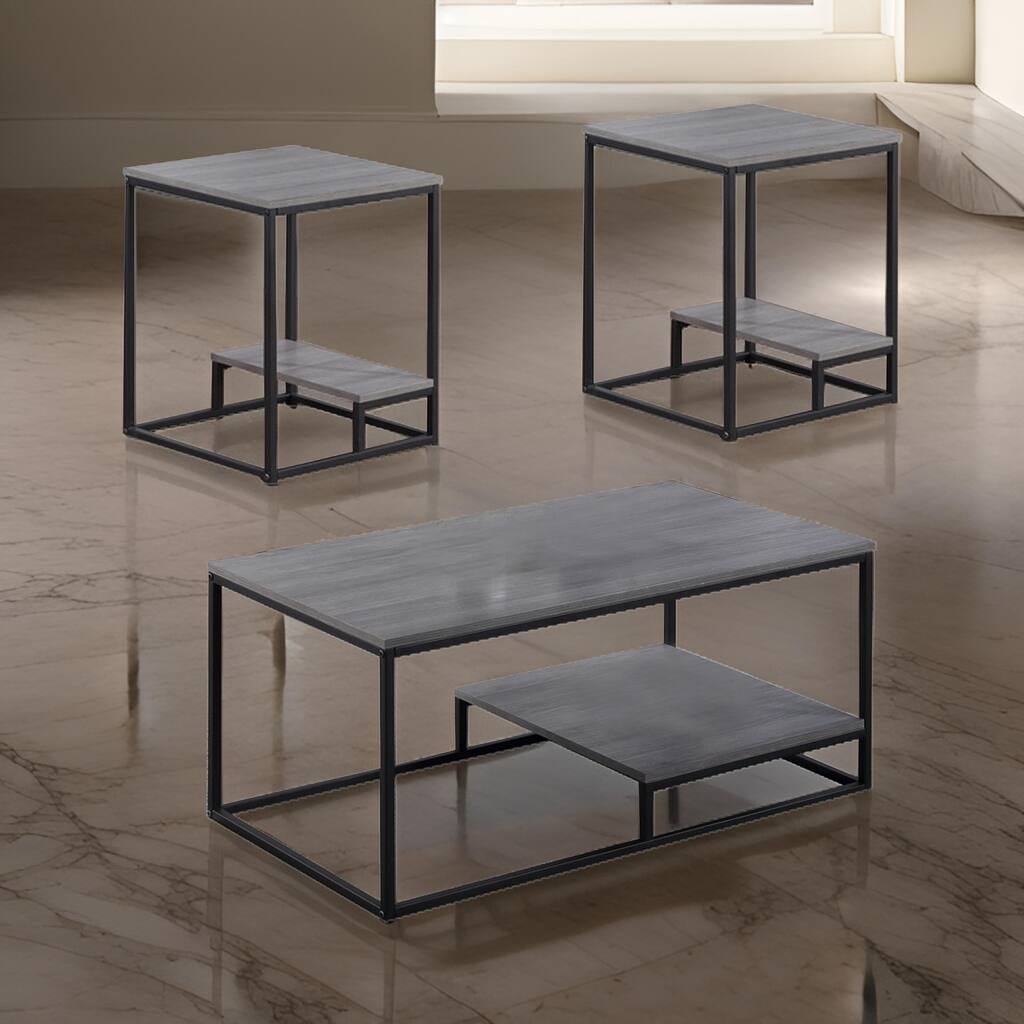 3 Piece Cocktail Set with Coffee Table and 2 End Tables, Wood Shelves, Gray
