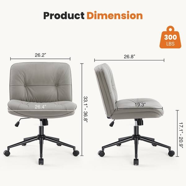 dimension image slide 1 of 3, Armless Criss Cross Legged Chair with Wheels, Height Adjustable Makeup Vanity Chair, 360 Swivel Wide Task Chair - N/A