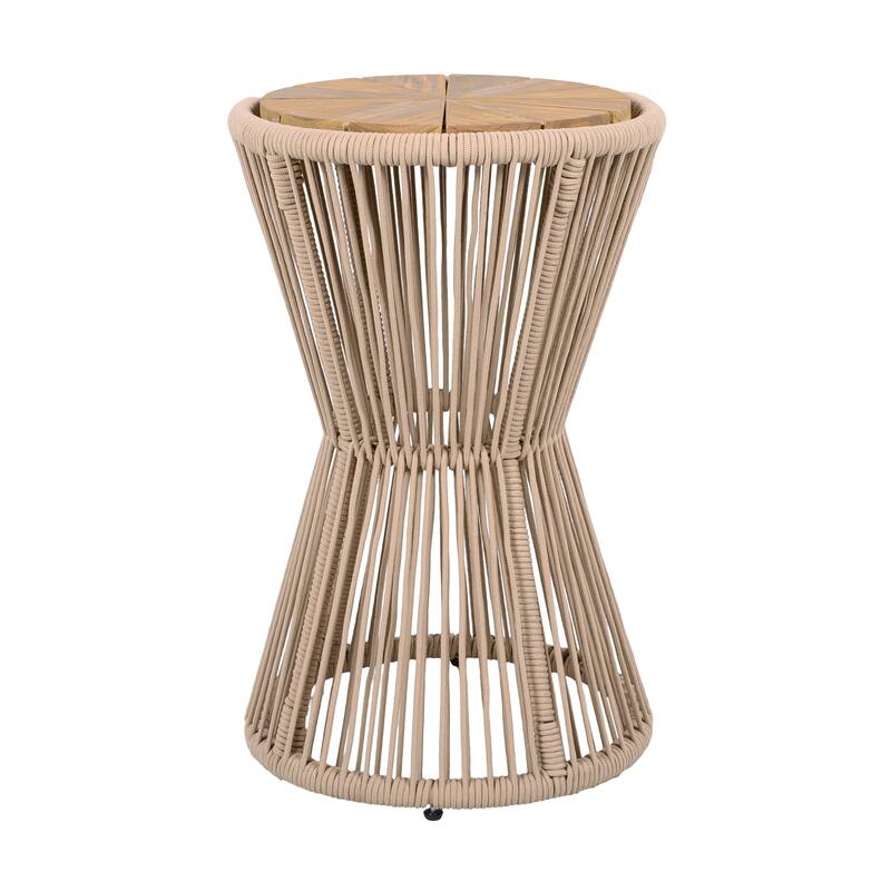 Roomfitters 25.8" Outdoor Side Table Modern Woven Rope Hourglass Patio Accent Table with Teak Wood Finish Top