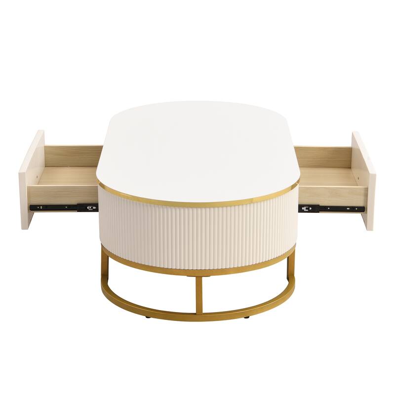 Roomfitters Modern Oval Coffee Table with Storage, Gold Metal Base, Curved Profile Design, White Center Table 47.2"