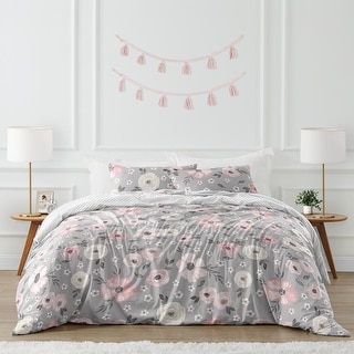 Grey Watercolor Floral Girl 3pc Full Queen Comforter Set Blush