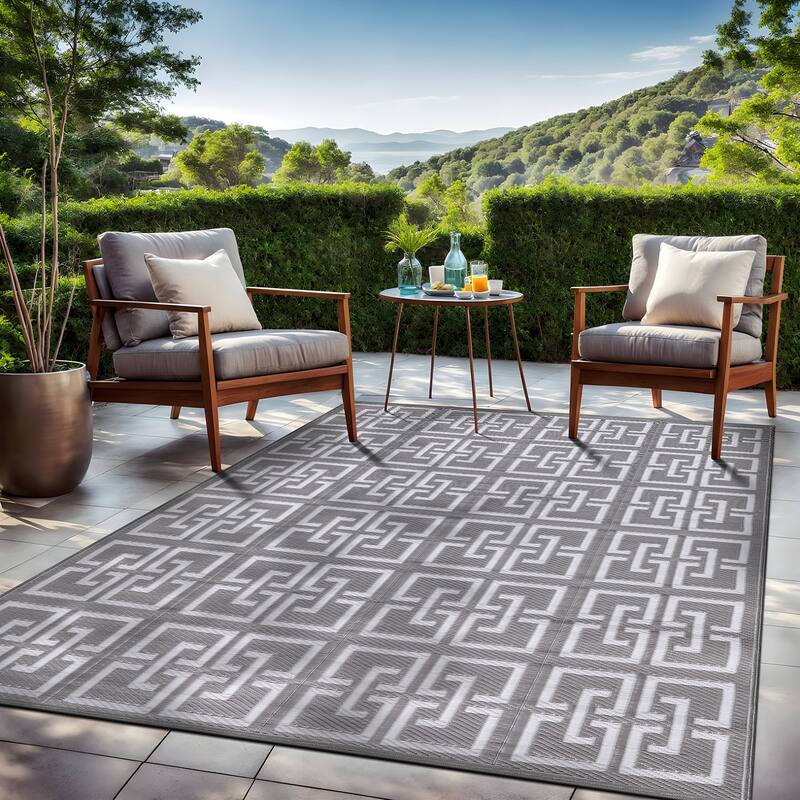 Beverly Rug Geometric Greek Key Outdoor Rug Waterproof for Patio, RV Camping