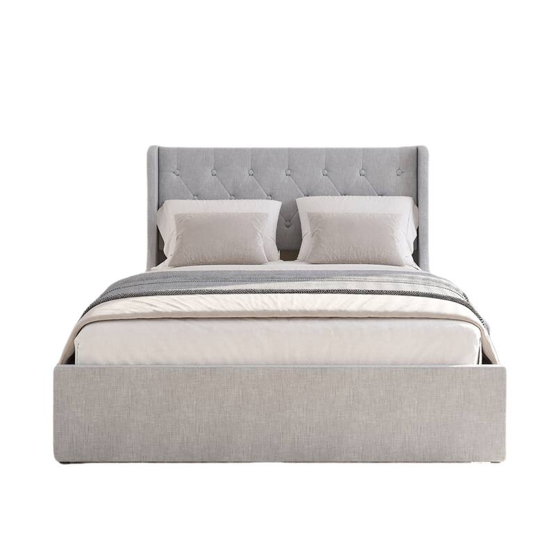 Full/Queen Size Bed Frame with 4 Storage Drawers, Wingback Headboard - Light Gray - Full