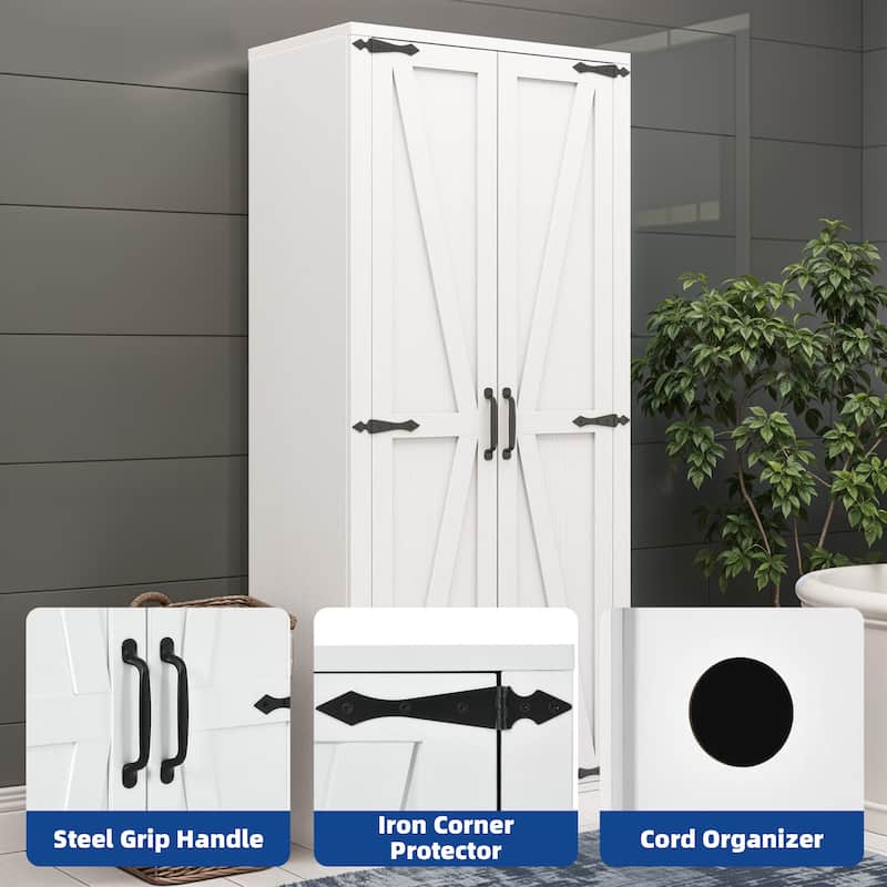 Moasis Broom Closet Storage Cabinet with Doors, Farmhouse Cleaning Tool Cabine with Shelves