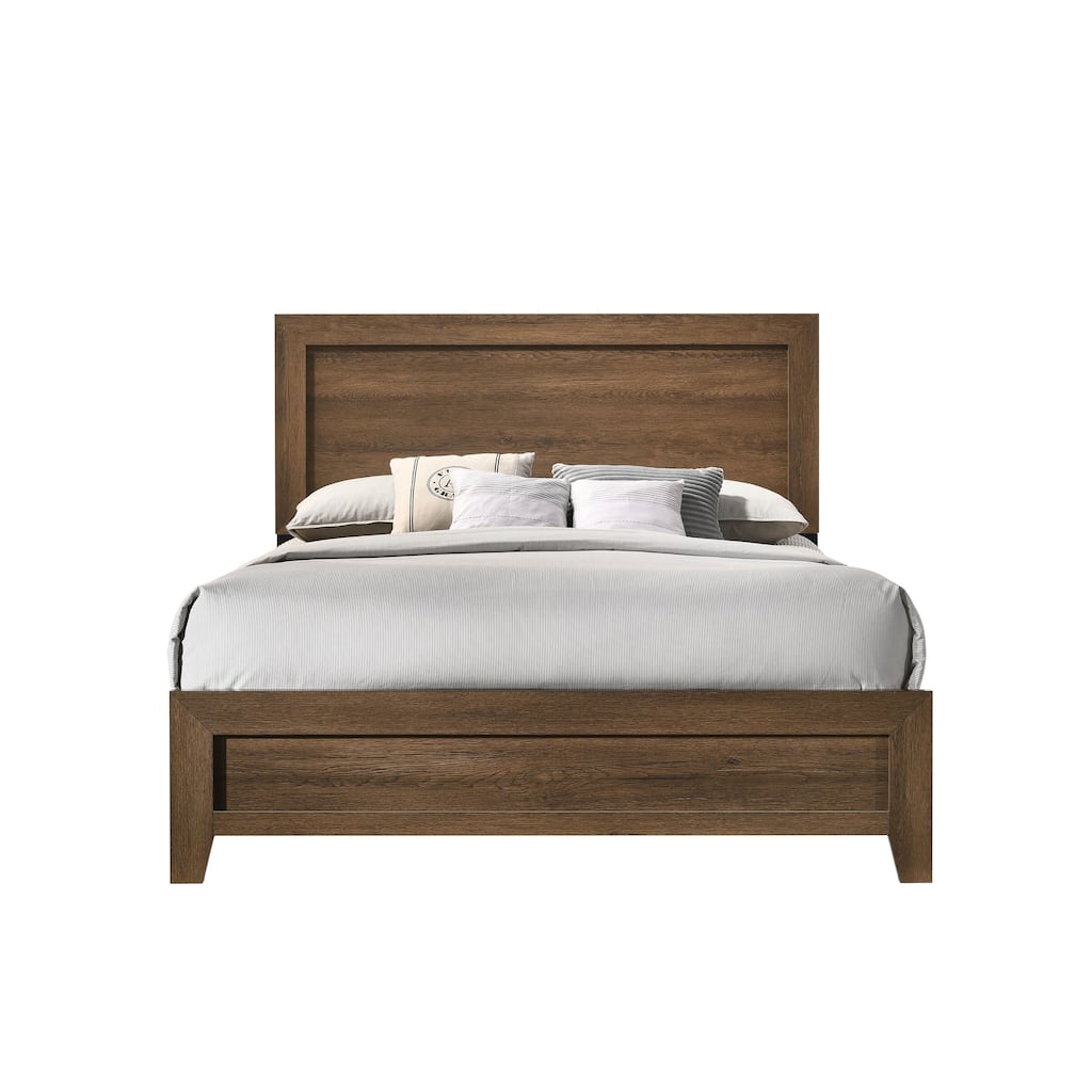 Eastern King Size Platform Bed with Raised Panel Headboard, Slatted Support, and Oak Wood Finish - No Box Spring Needed