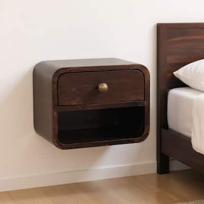HomeRoots 16" Walnut Solid Wood Round One Drawer Floating Nightstand